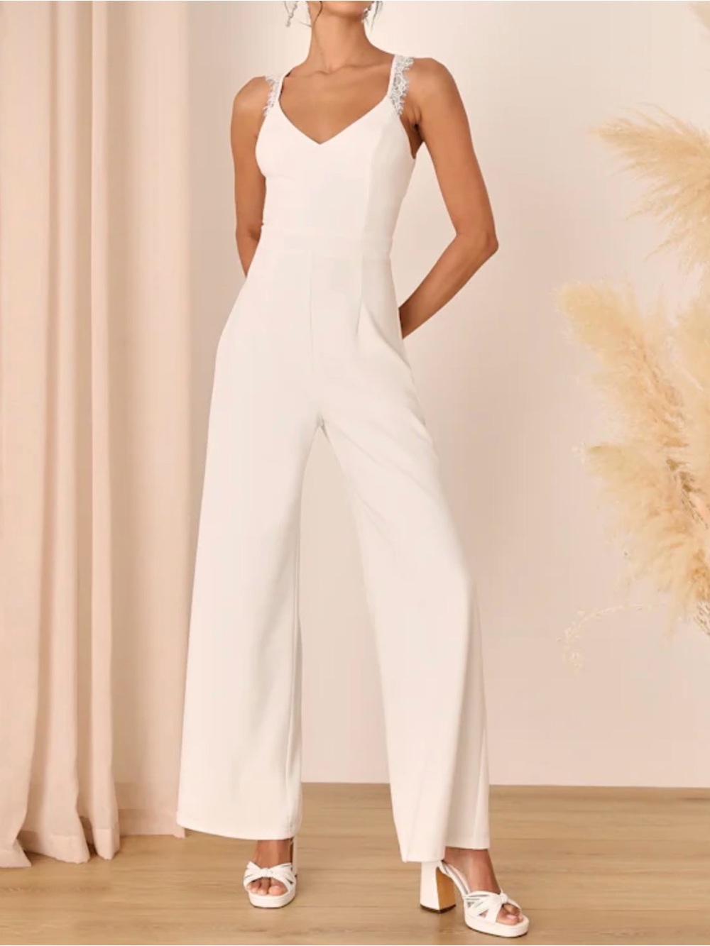 Lulus Love Your Heart Ivory White Lace Wide-Leg Jumpsuit-M